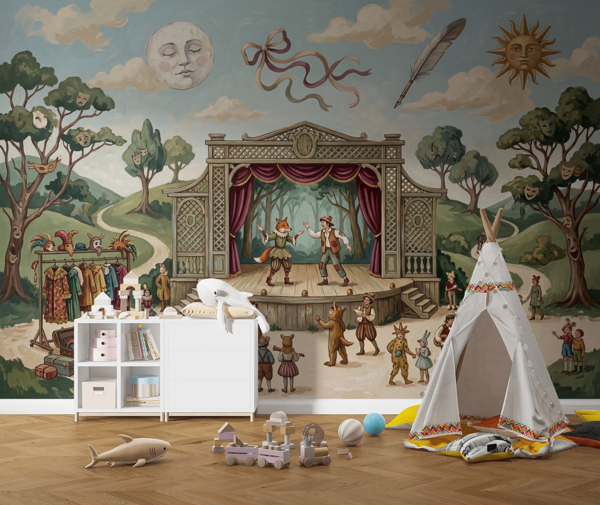 Storybook Theater Wallpaper Outdoor Stage Vintage Illustration Wall Mural
