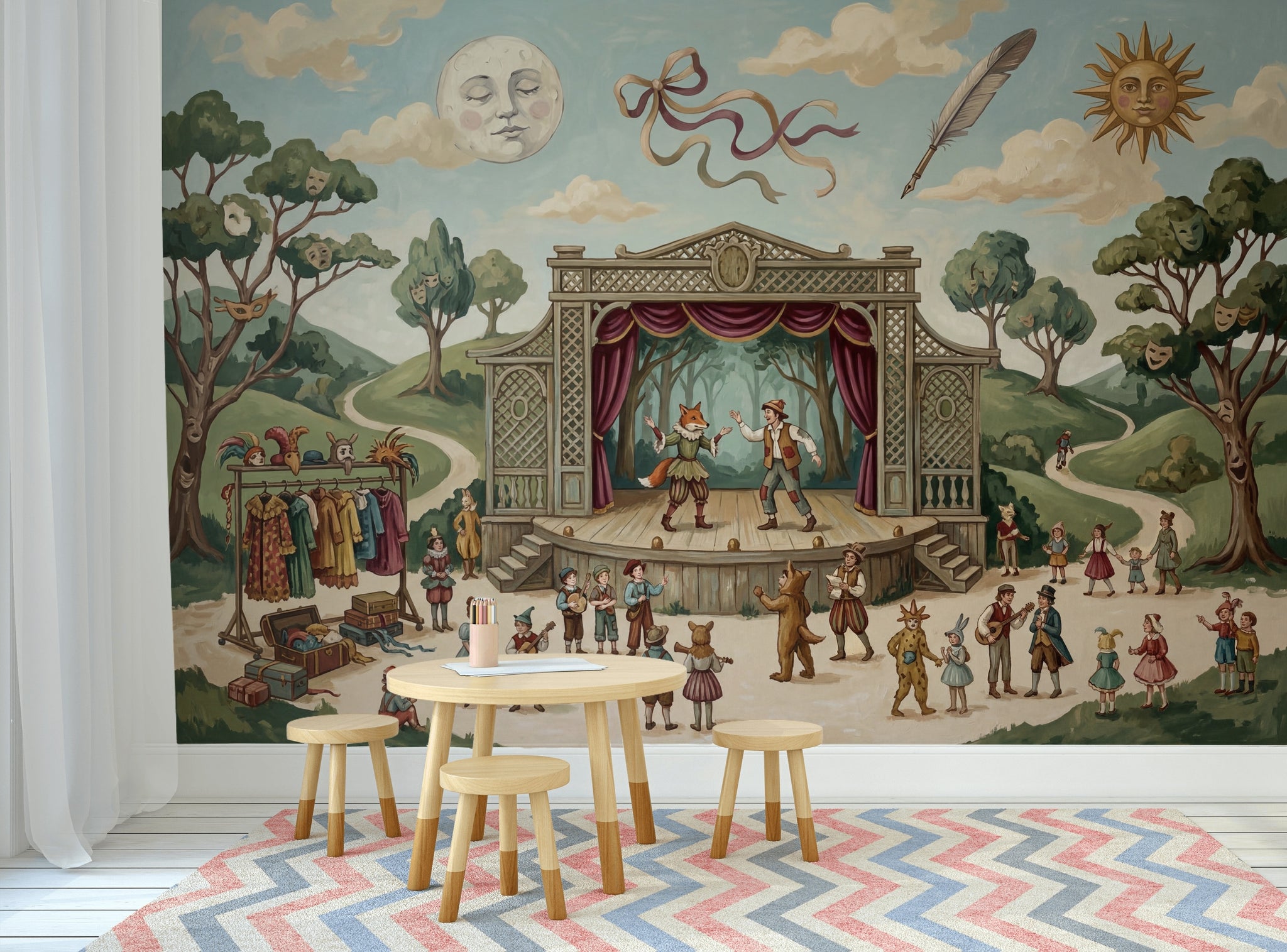 Storybook Theater Wallpaper Outdoor Stage Vintage Illustration Wall Mural