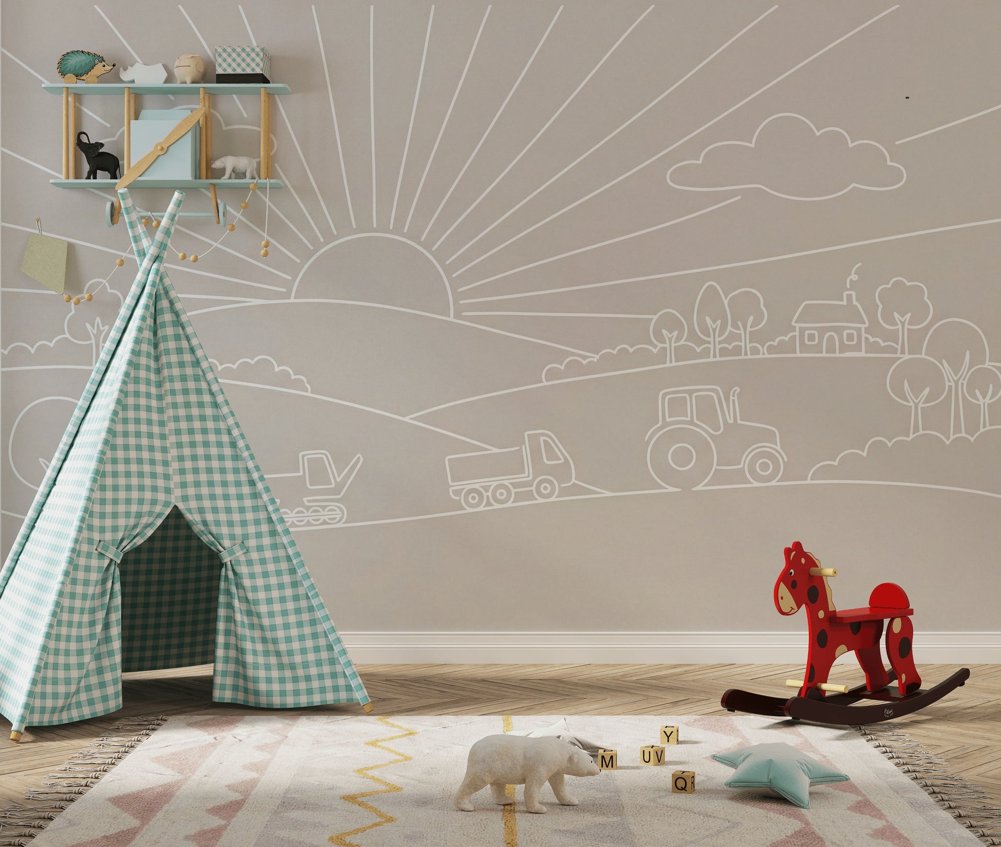 Nursery Wallpaper Farm Landscape Sun Rays Removable Wall Decor