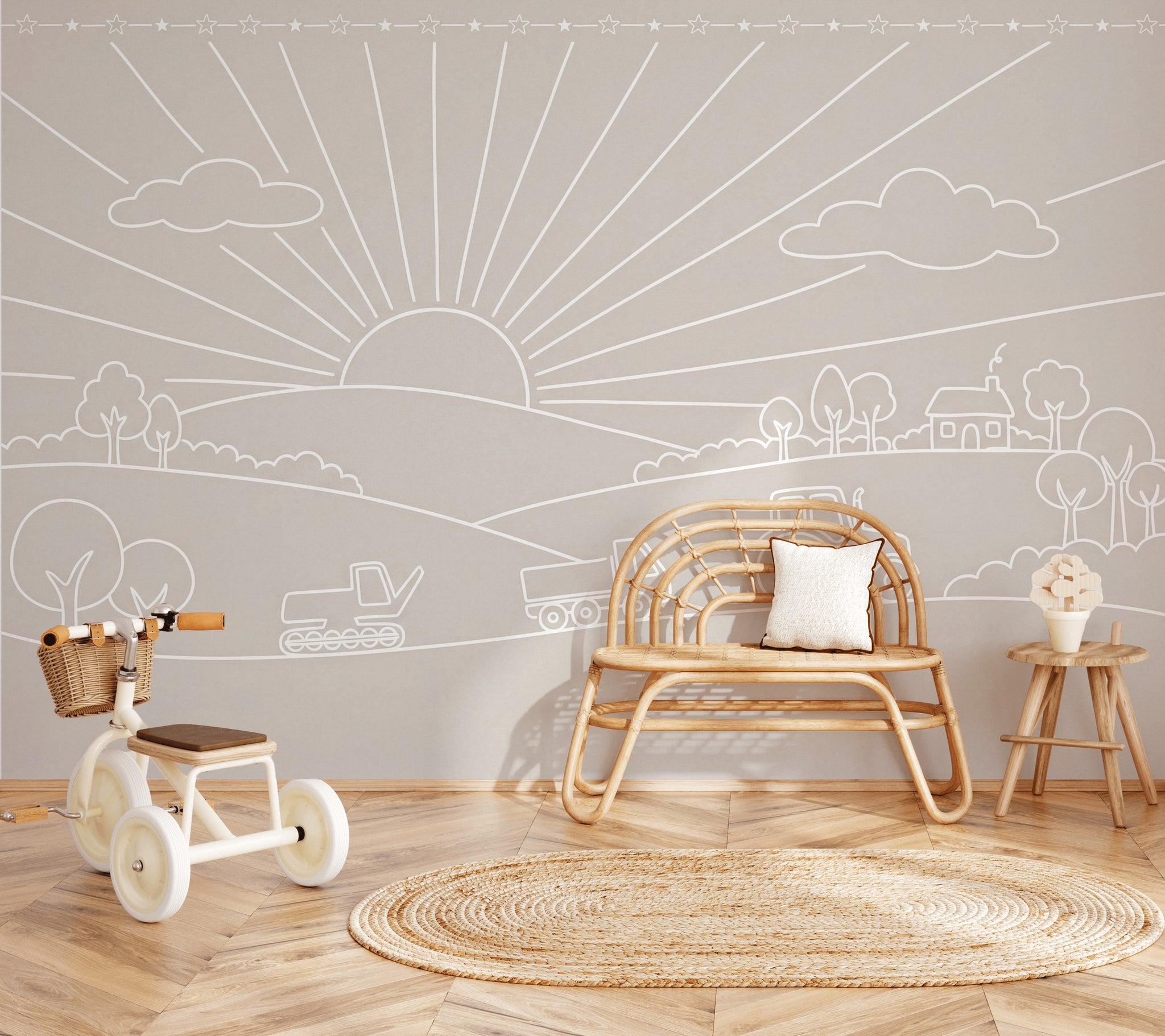 Nursery Wallpaper Farm Landscape Sun Rays Removable Wall Decor
