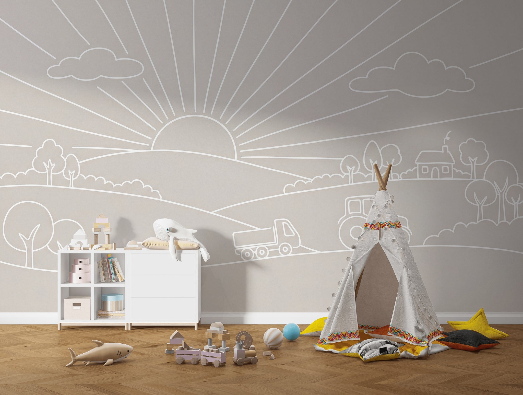 Nursery Wallpaper Farm Landscape Sun Rays Removable Wall Decor