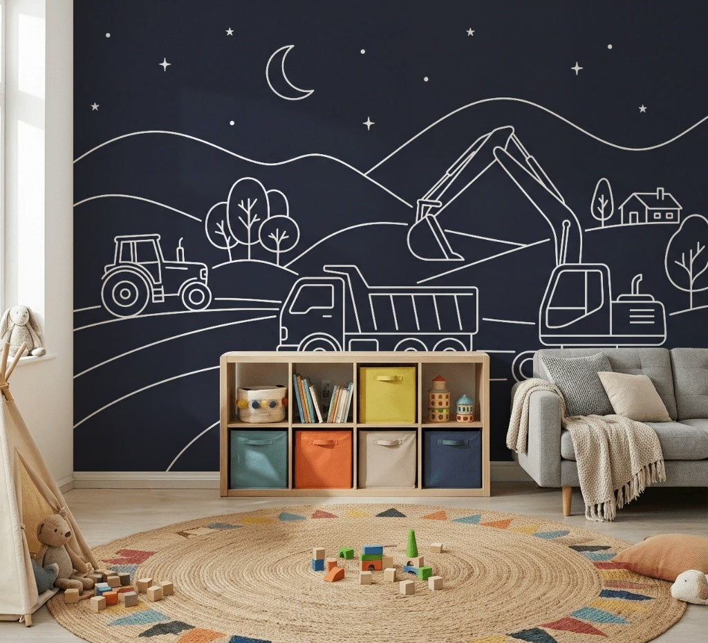 Night Landscape Wallpaper Line Art Construction Vehicles Wall Mural