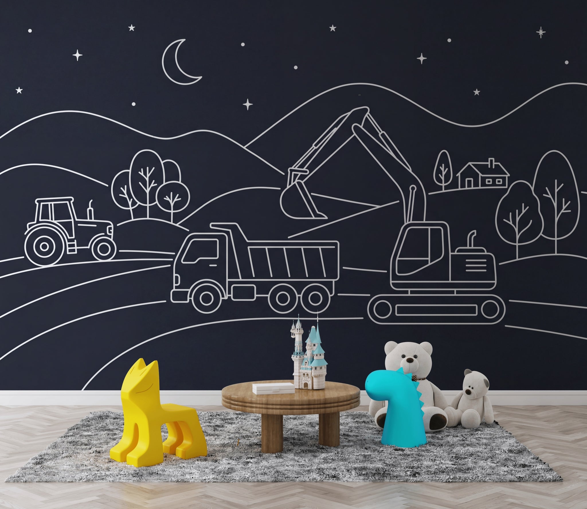 Night Landscape Wallpaper Line Art Construction Vehicles Wall Mural