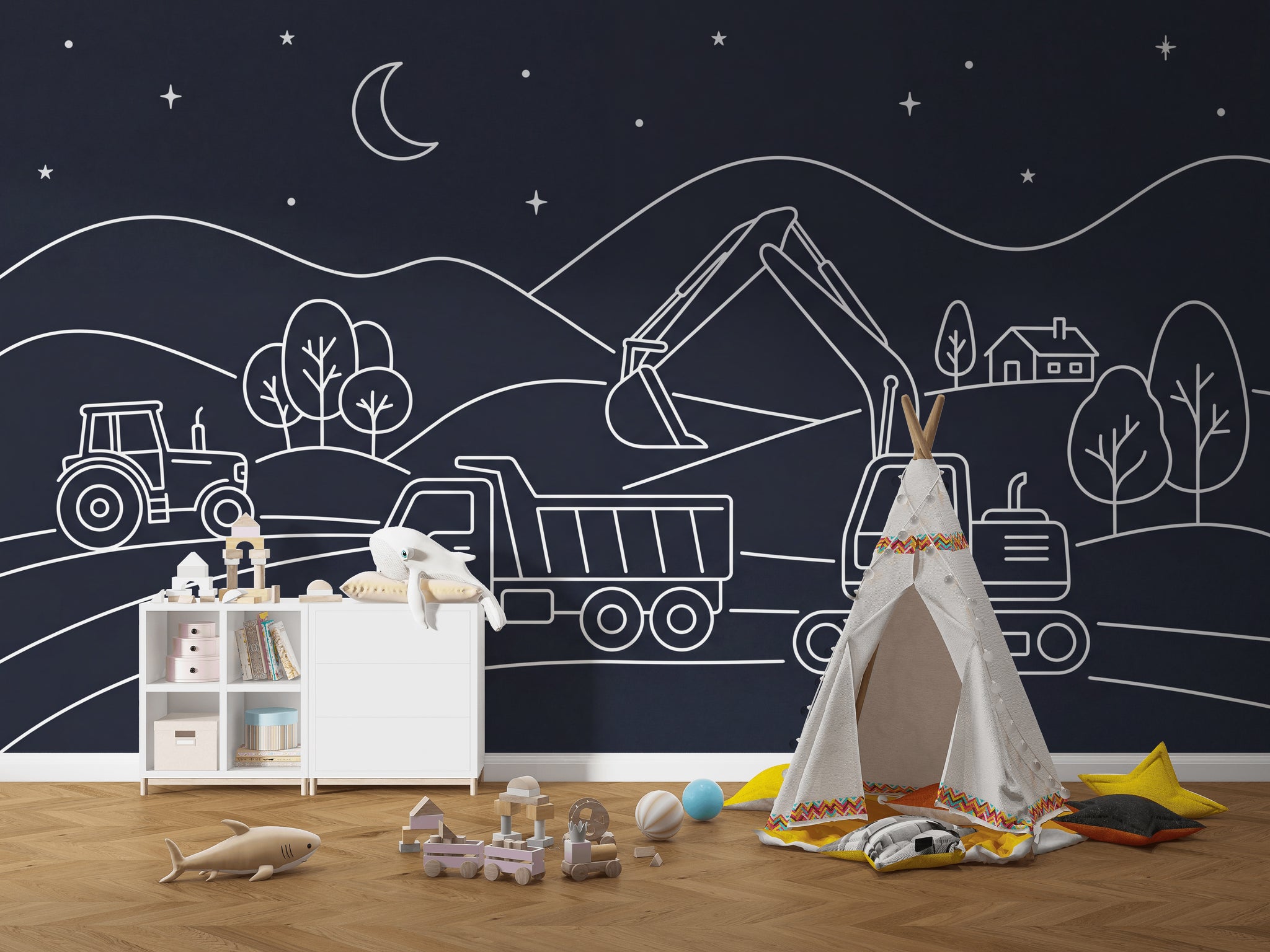 Night Landscape Wallpaper Line Art Construction Vehicles Wall Mural