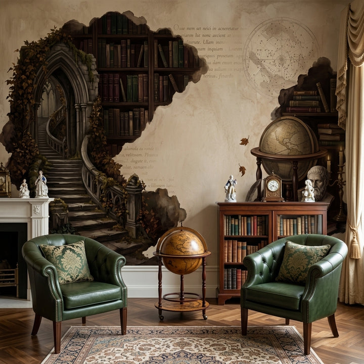 Vintage Library Wallpaper Parchment Gothic Archway Removable Wall Decor