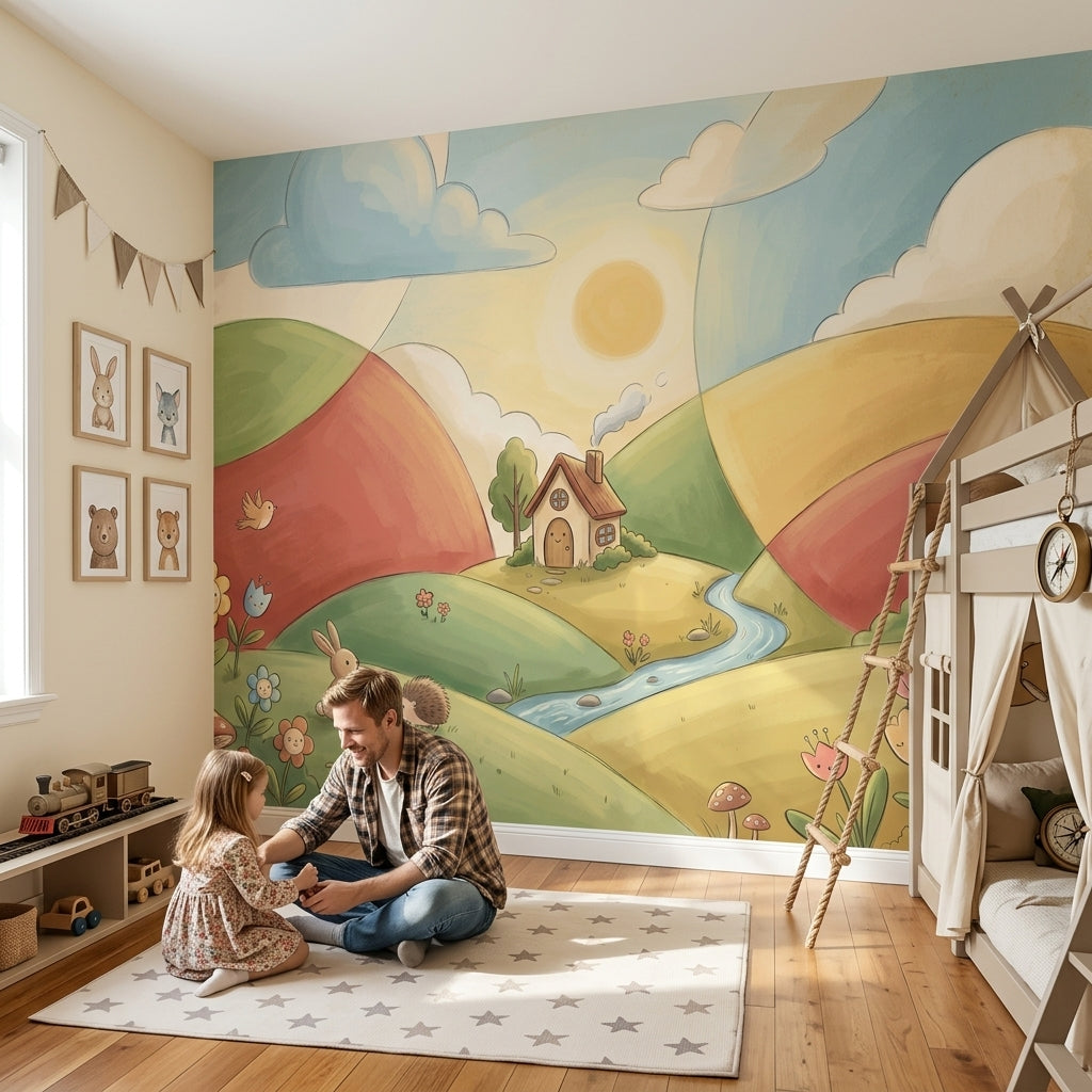 Sunny Sky Wallpaper Pastel Landscape Whimsical Nursery Wall Mural