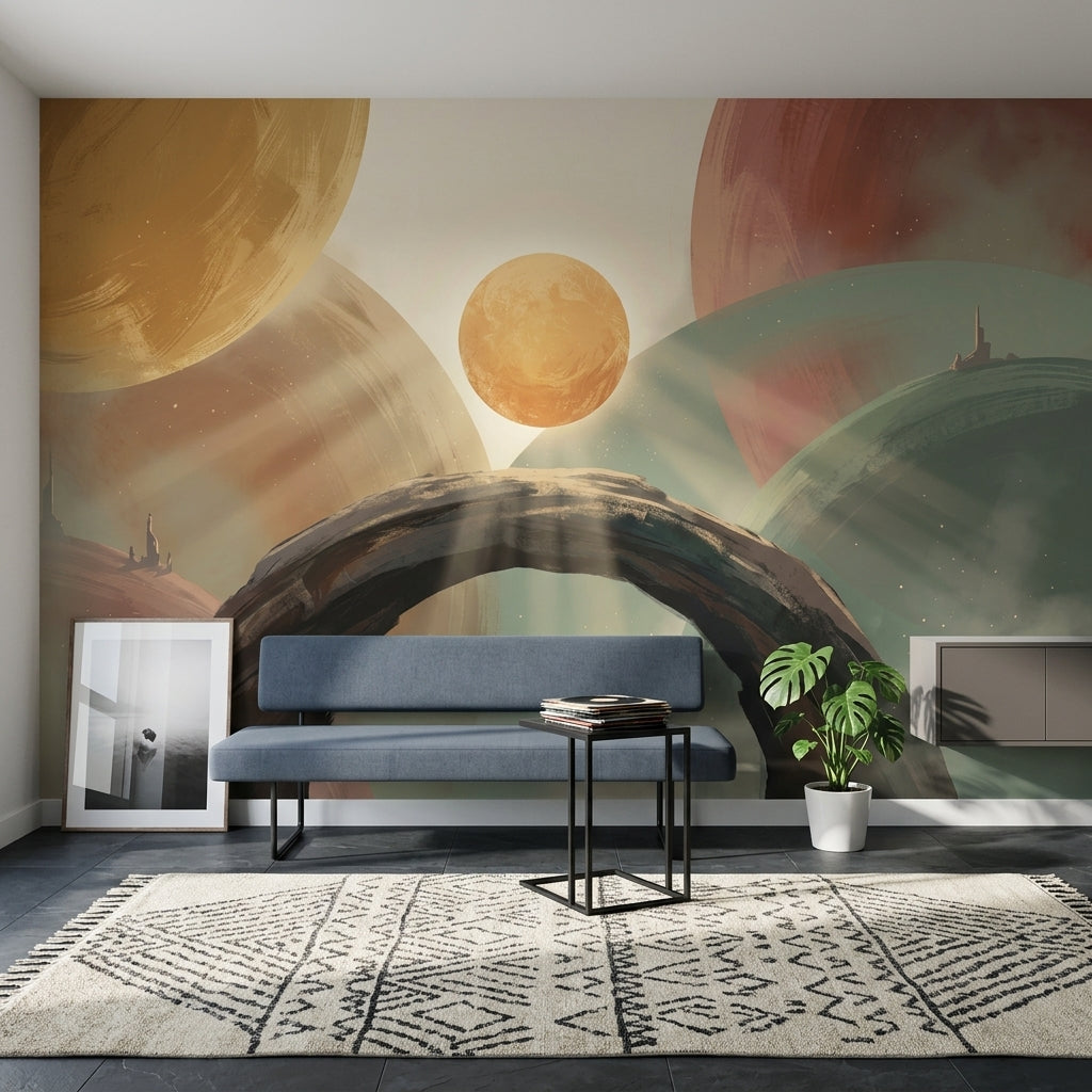 Abstract Landscape Wallpaper Surreal Planets Removable Geometric Circles Wall Decor