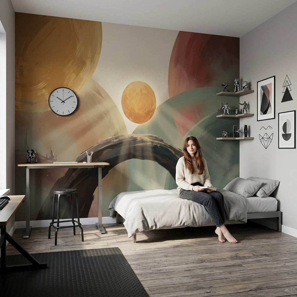 Abstract Landscape Wallpaper Surreal Planets Removable Geometric Circles Wall Decor
