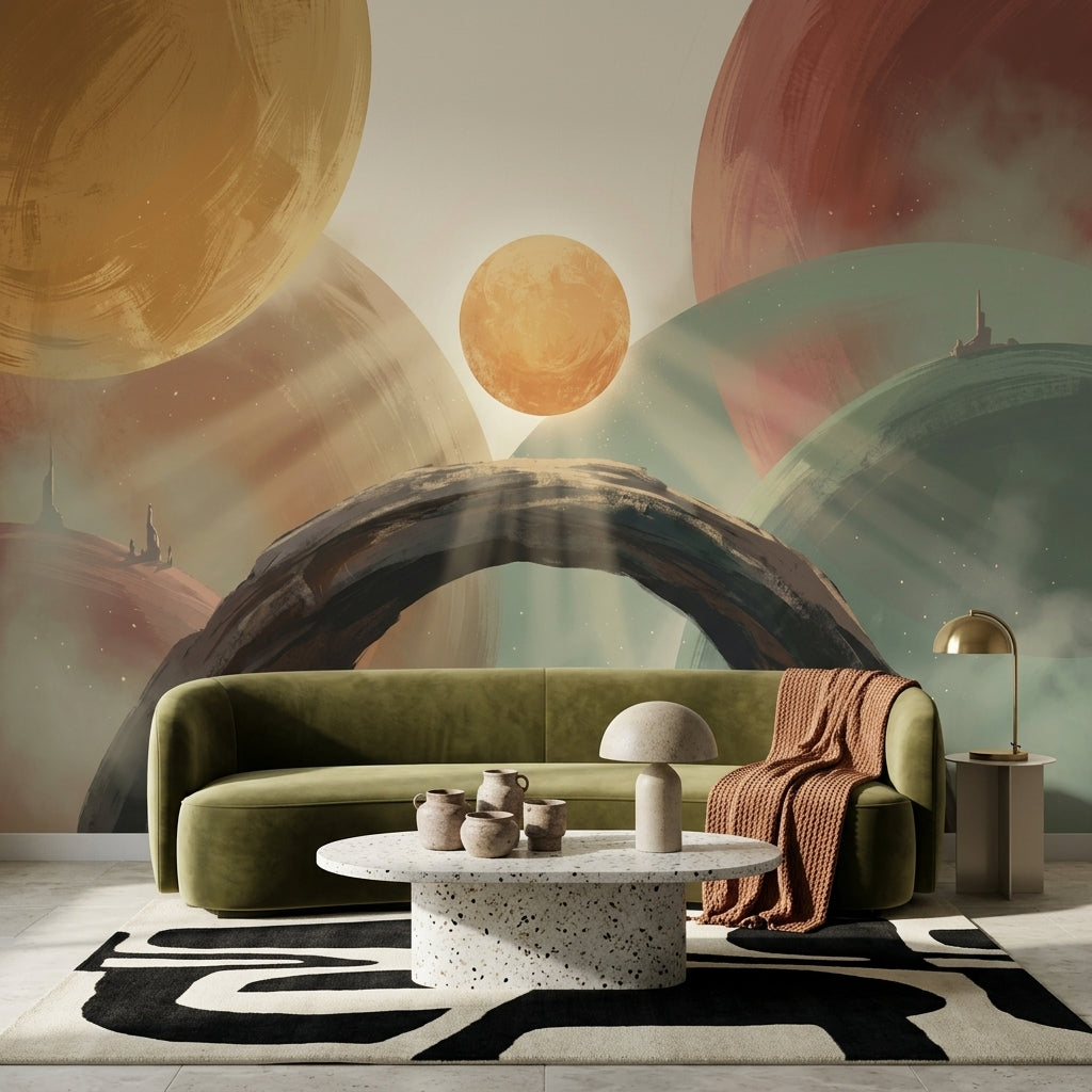 Abstract Landscape Wallpaper Surreal Planets Removable Geometric Circles Wall Decor