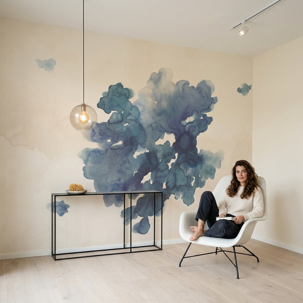 Abstract Watercolor Wallpaper Blue Ink Blot Soft Wash Removable Wall Decor