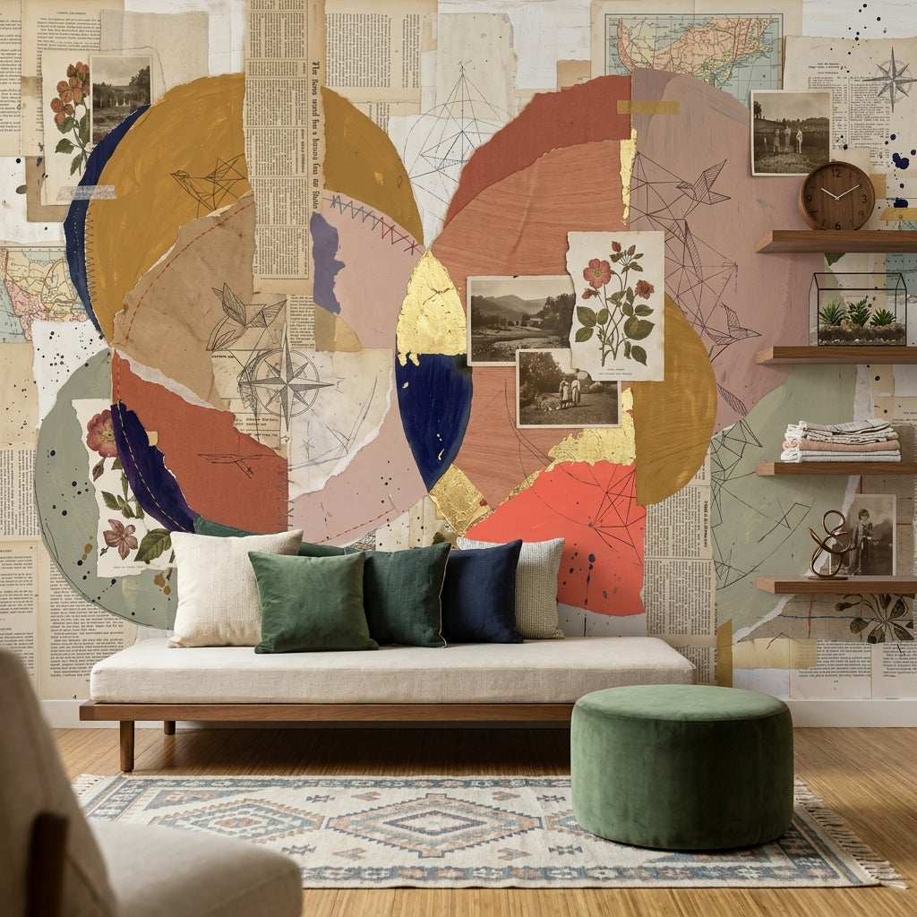 Abstract Collage Wallpaper Geometric Circles Vintage Paper Wall Mural