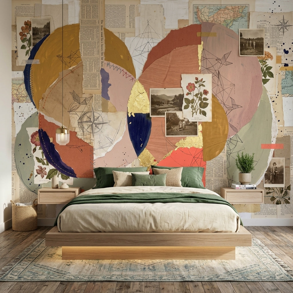 Abstract Collage Wallpaper Geometric Circles Vintage Paper Wall Mural