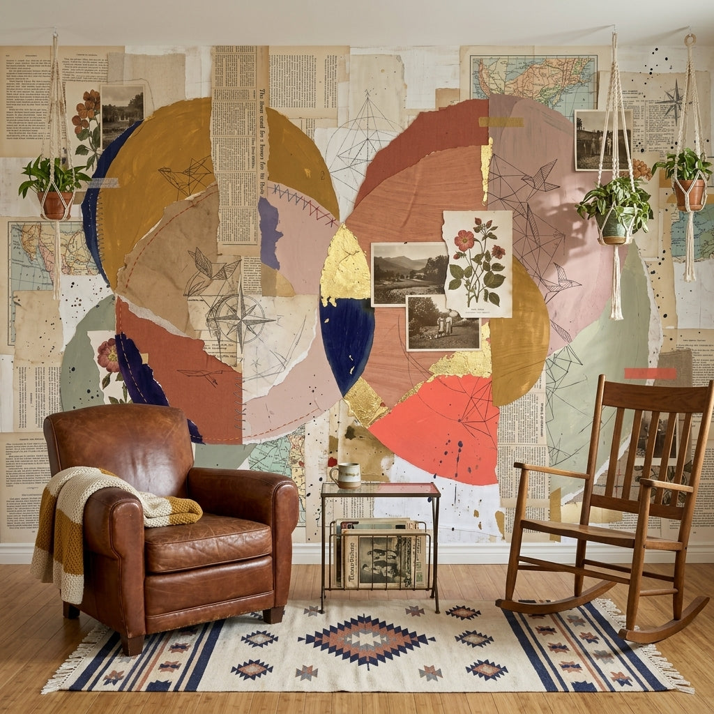 Abstract Collage Wallpaper Geometric Circles Vintage Paper Wall Mural