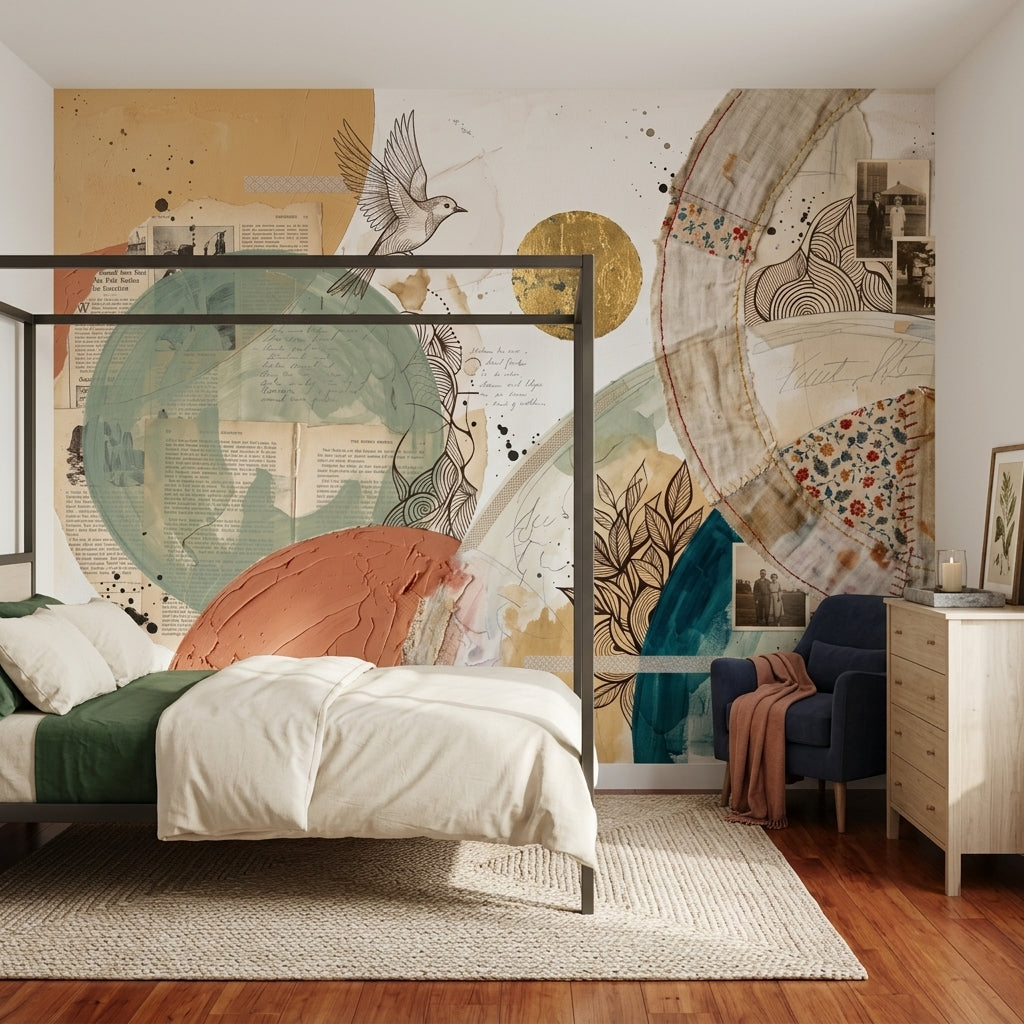 Abstract Collage Wallpaper Mixed Media Geometric Circles Removable Wall Decor