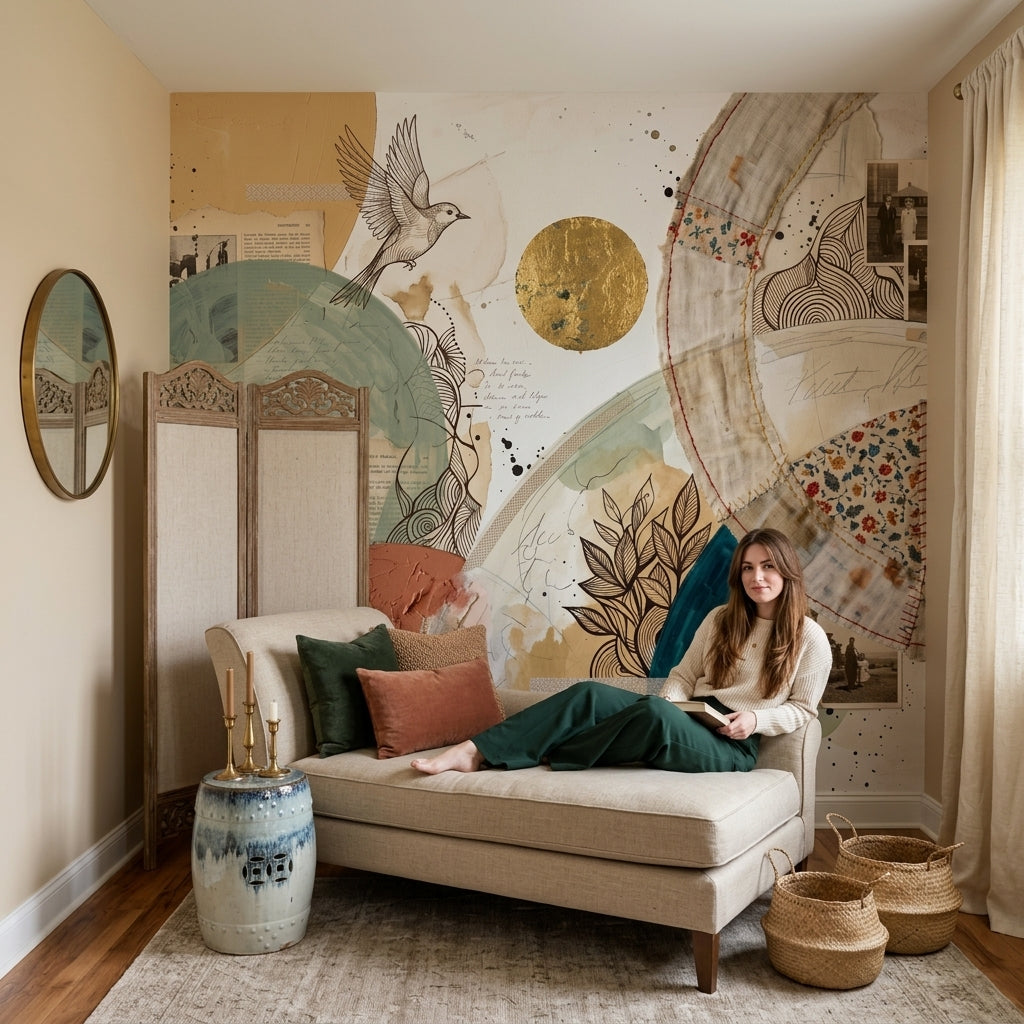 Abstract Collage Wallpaper Mixed Media Geometric Circles Removable Wall Decor