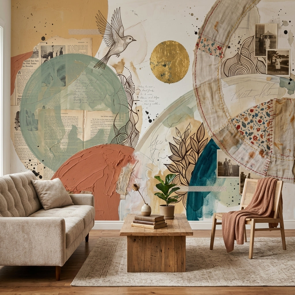 Abstract Collage Wallpaper Mixed Media Geometric Circles Removable Wall Decor