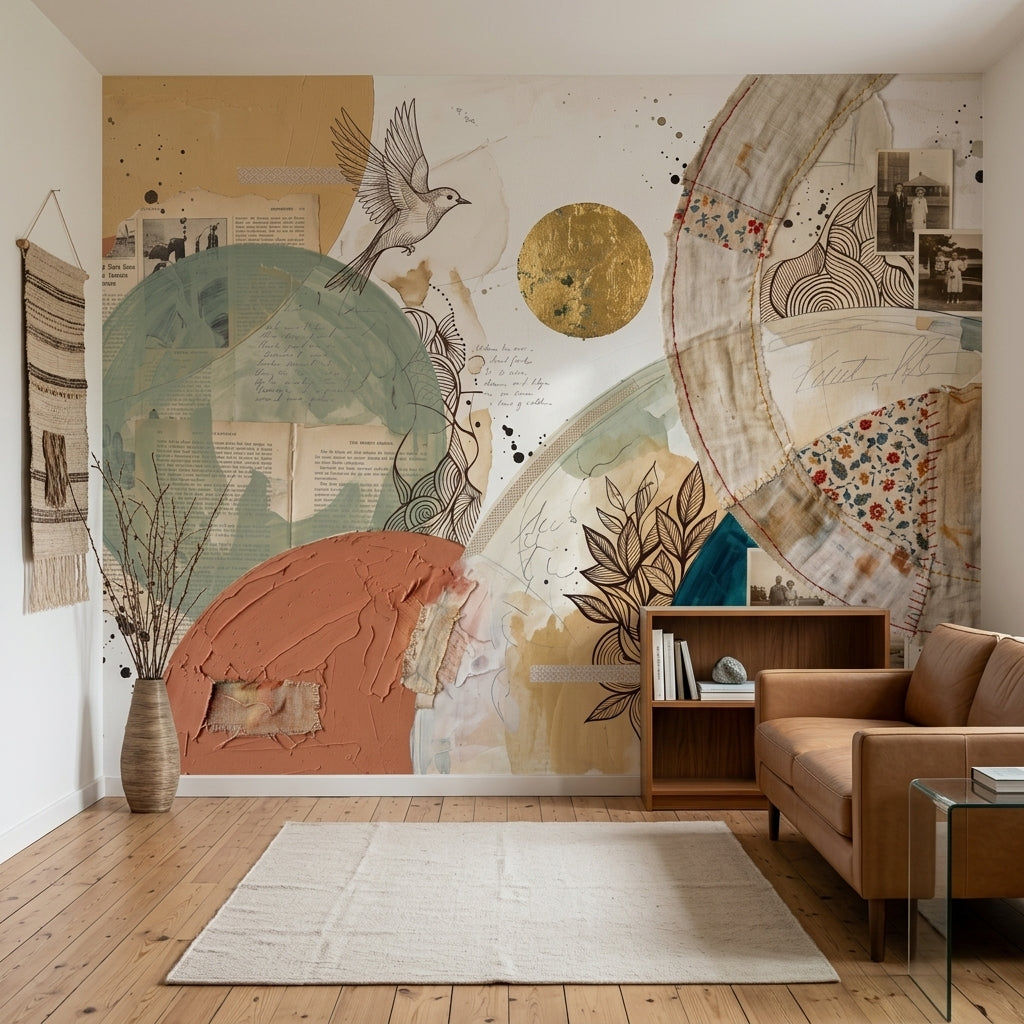 Abstract Collage Wallpaper Mixed Media Geometric Circles Removable Wall Decor