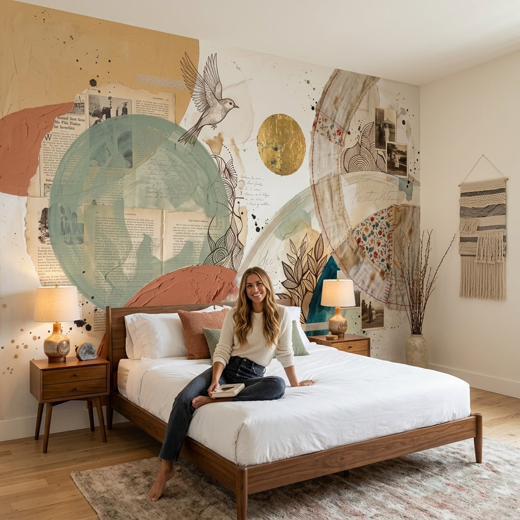 Abstract Collage Wallpaper Mixed Media Geometric Circles Removable Wall Decor