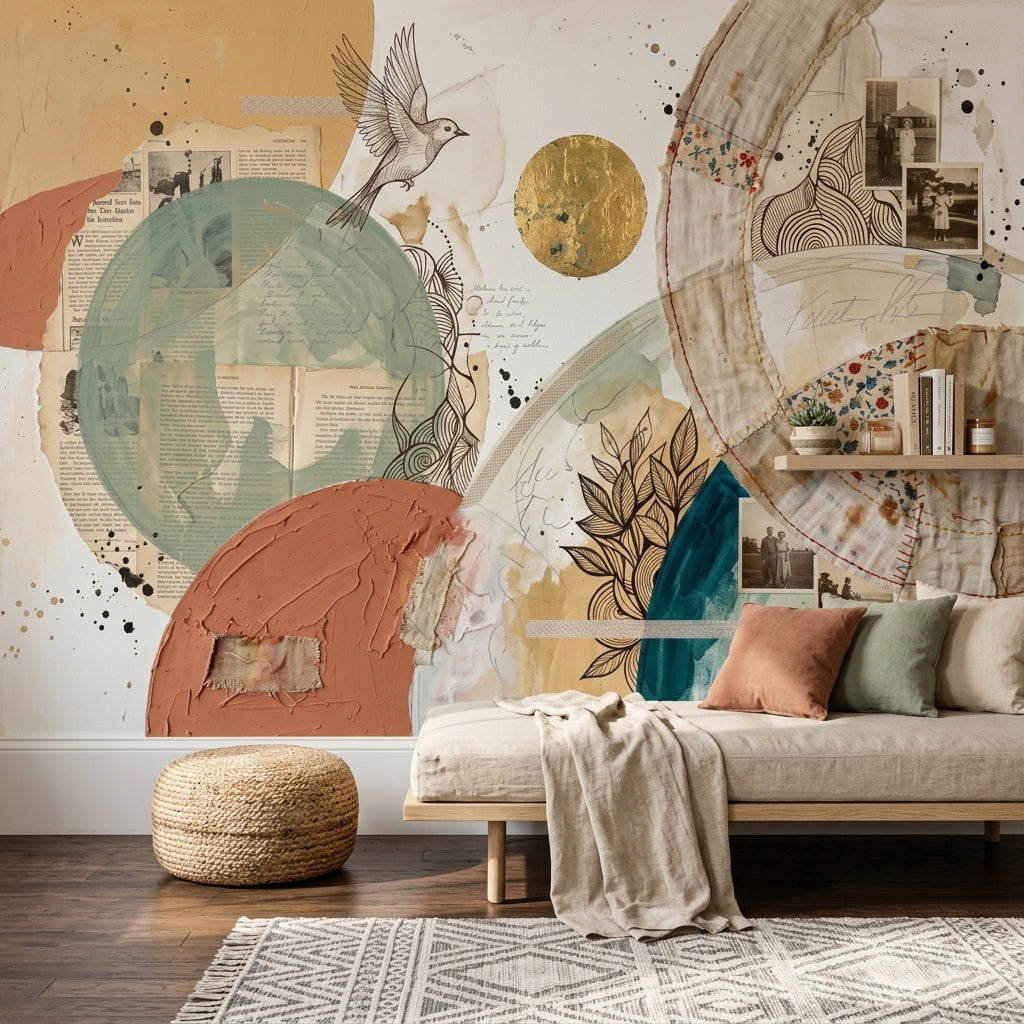 Abstract Collage Wallpaper Mixed Media Geometric Circles Removable Wall Decor