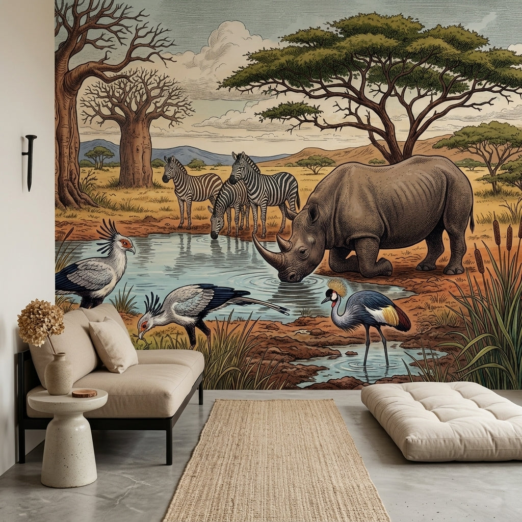 African Savanna Wallpaper Watering Hole Rhinoceros Wall Mural