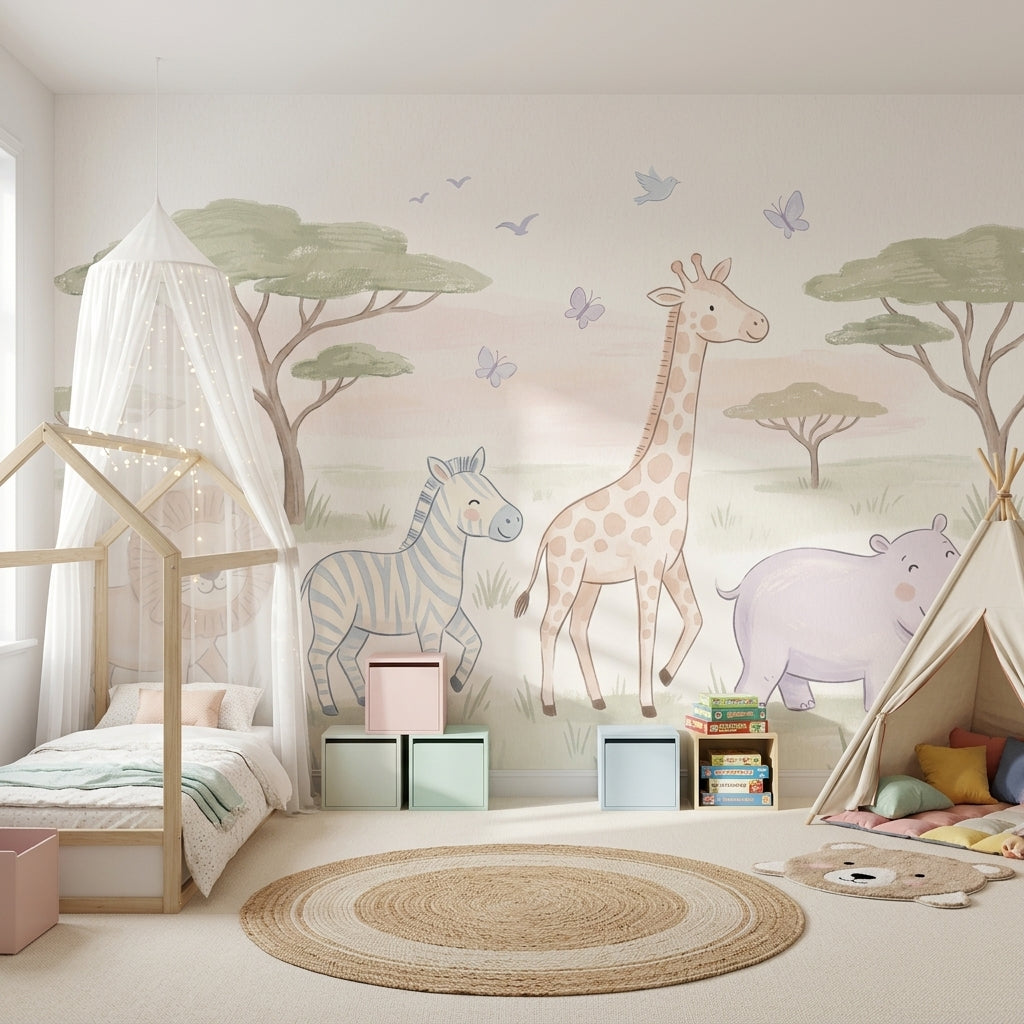 Safari Animals Wallpaper Nursery Wallpaper Removable Savanna Landscape Wall Decor