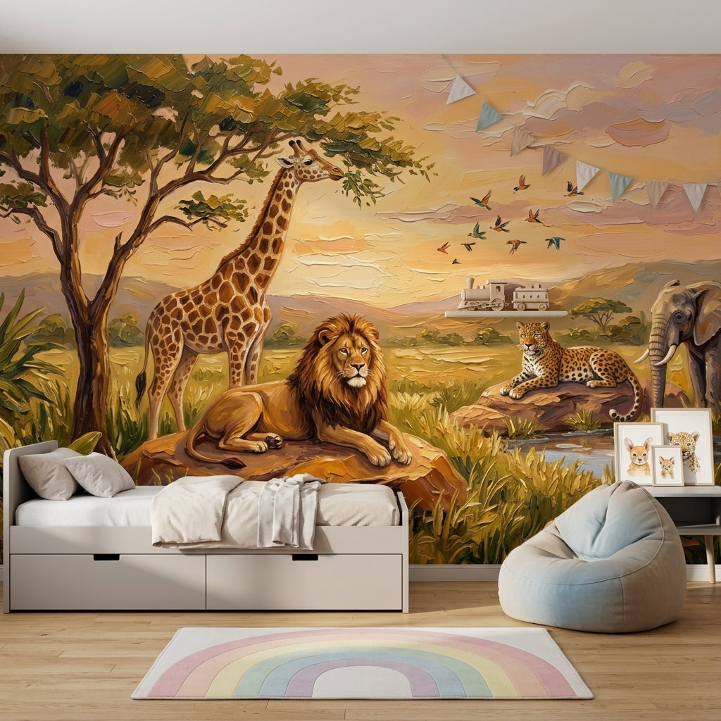 African Savanna Wallpaper Safari Animals Painterly Landscape Removable Wall Decor