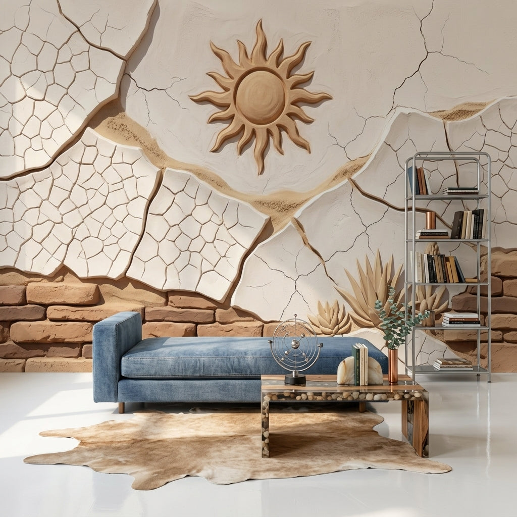 Stucco Relief Wallpaper Sun Motif Cracked Plaster Wall Mural
