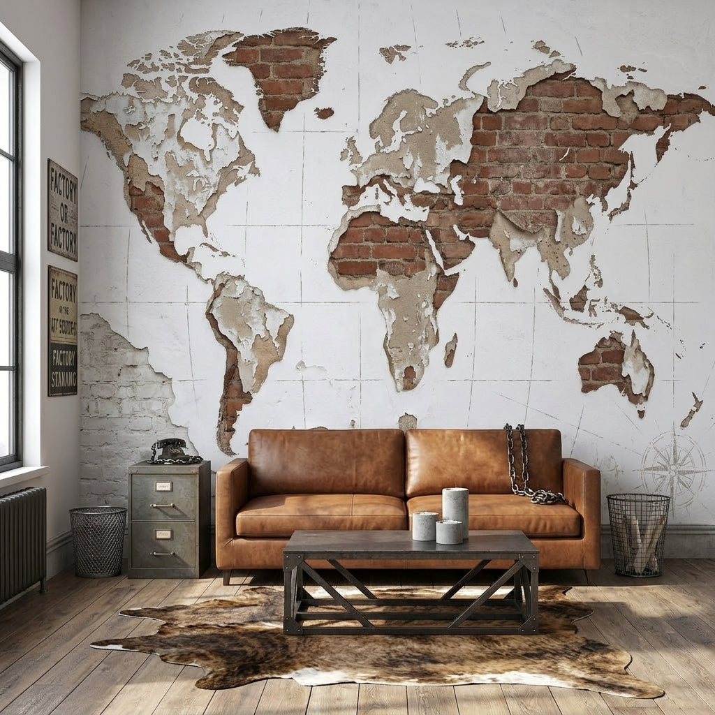 Brick Wall Wallpaper World Map Removable Wall Decor