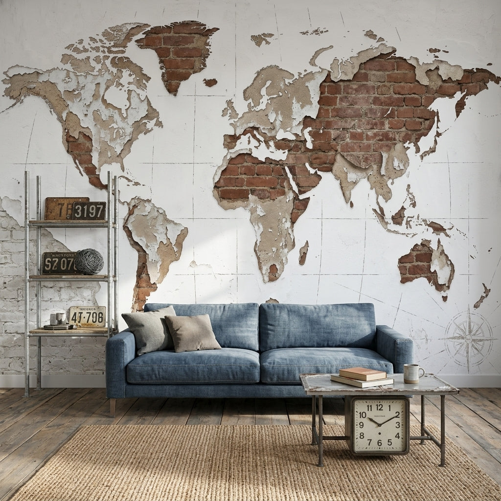Brick Wall Wallpaper World Map Removable Wall Decor