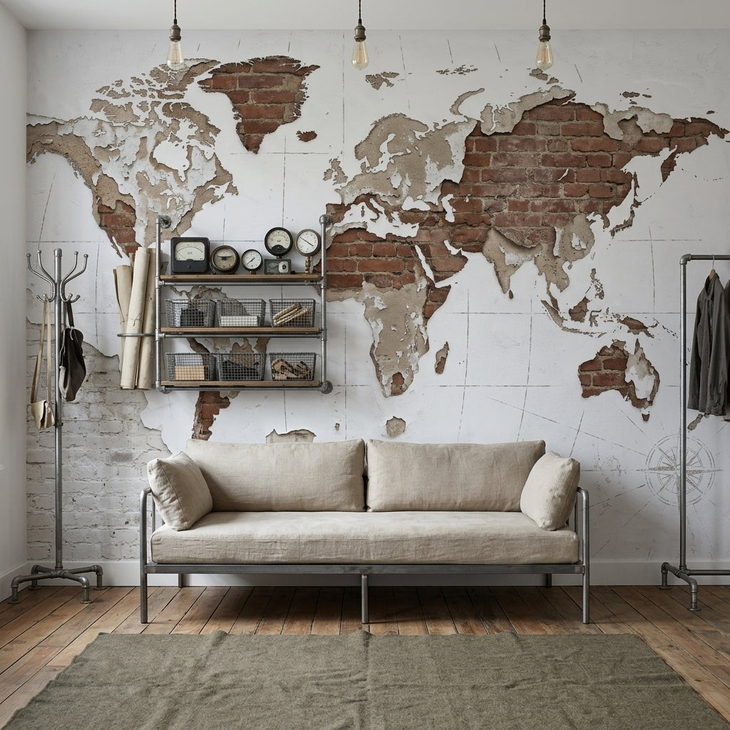 Brick Wall Wallpaper World Map Removable Wall Decor