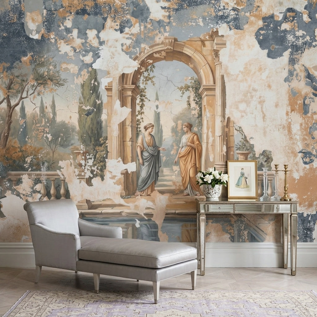 Classical Fresco Wallpaper Mediterranean Garden Stone Archway Wall Mural