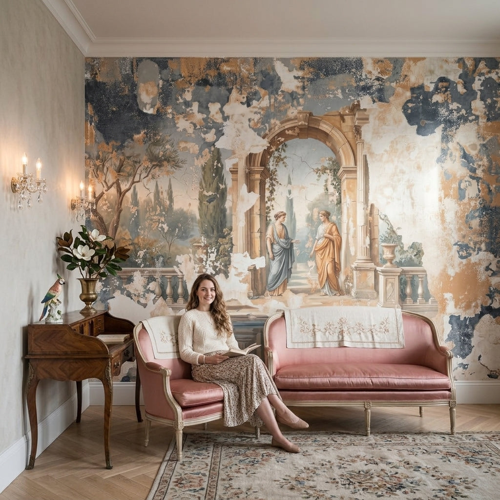 Classical Fresco Wallpaper Mediterranean Garden Stone Archway Wall Mural