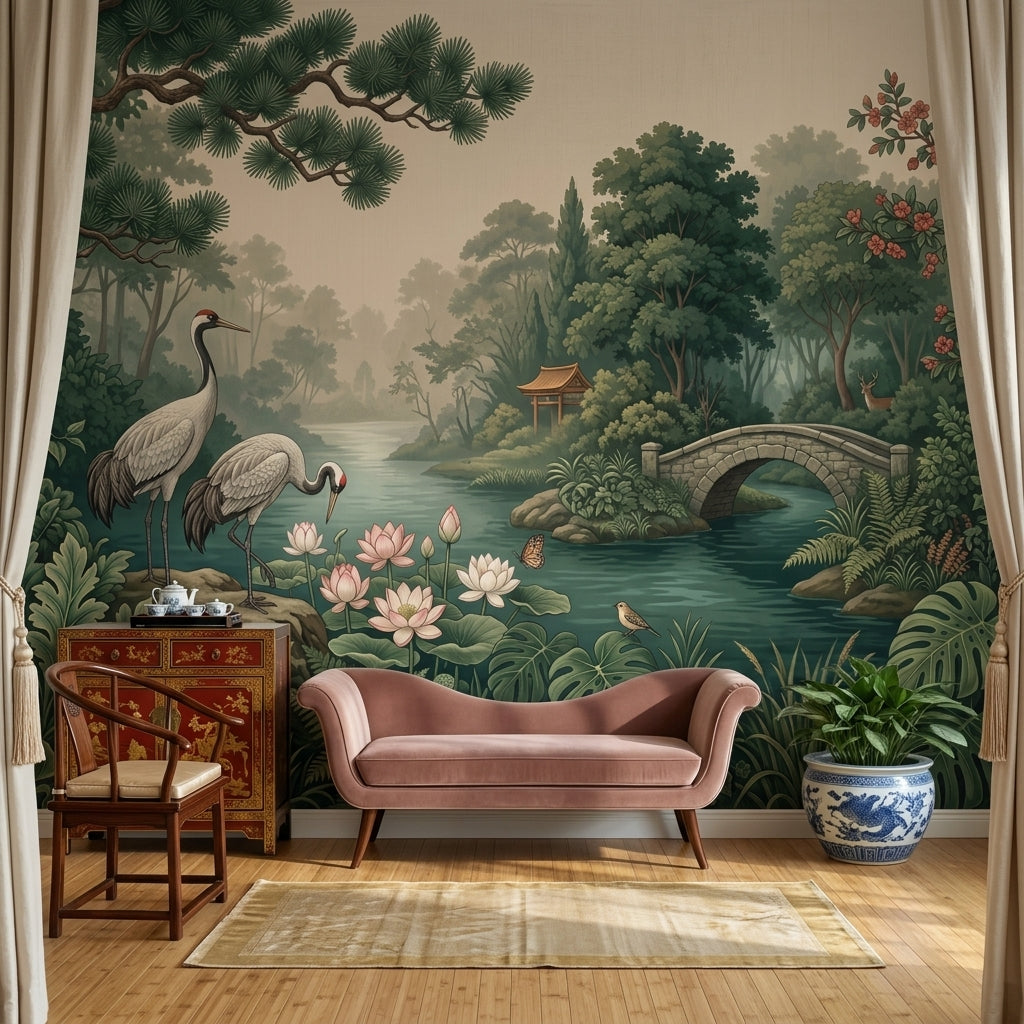 Misty Forest Wallpaper River Stone Bridge Wall Mural