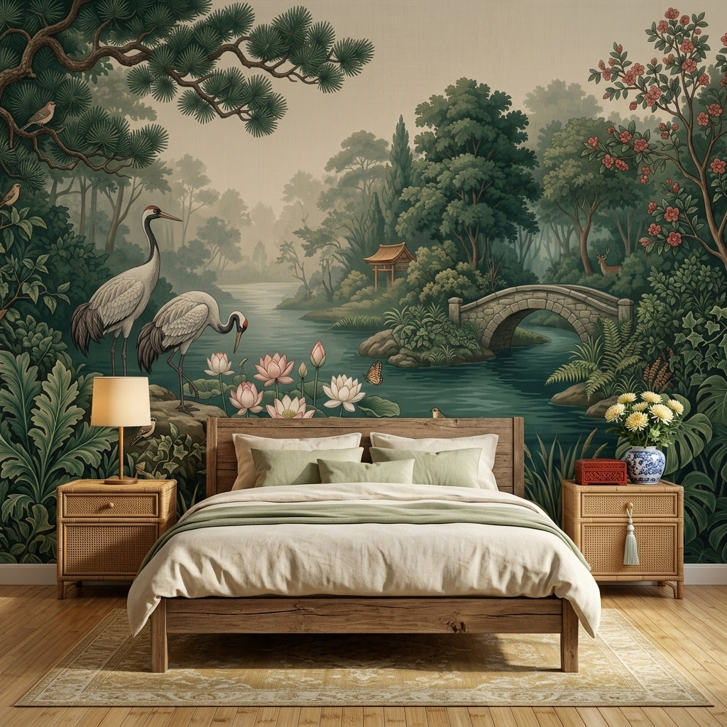 Misty Forest Wallpaper River Stone Bridge Wall Mural