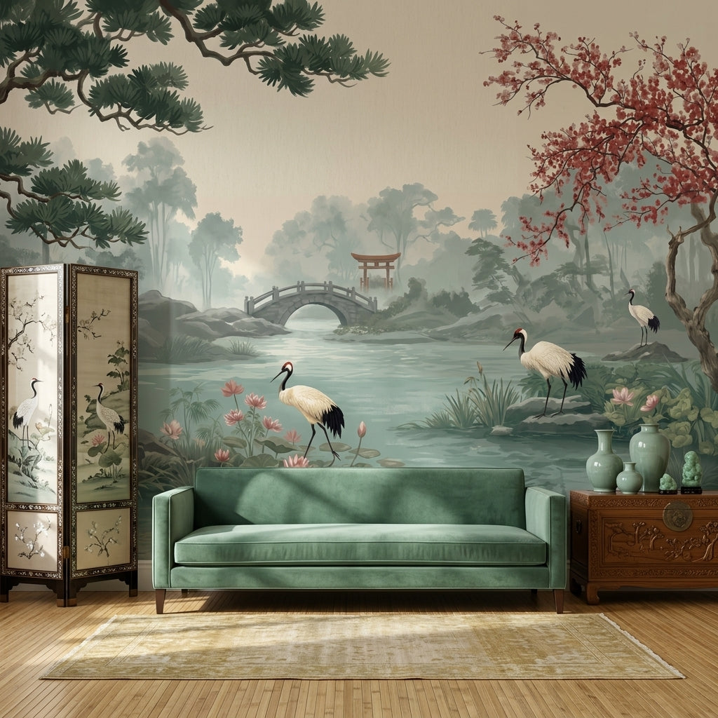Misty Landscape Wallpaper Japanese Garden Cranes Wall Mural