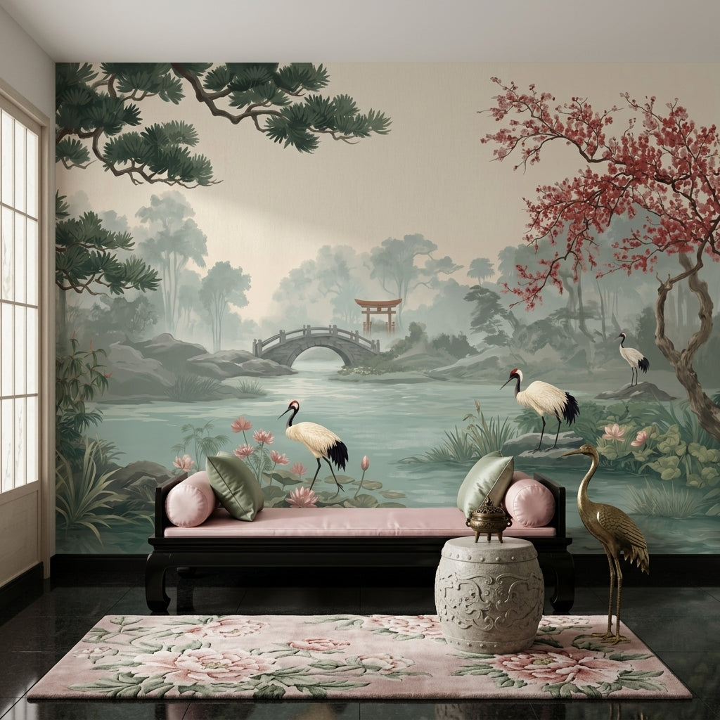 Misty Landscape Wallpaper Japanese Garden Cranes Wall Mural