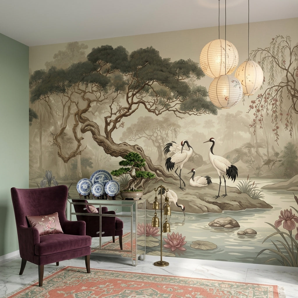 Misty Landscape Wallpaper Cranes Pond Removable Wall Decor