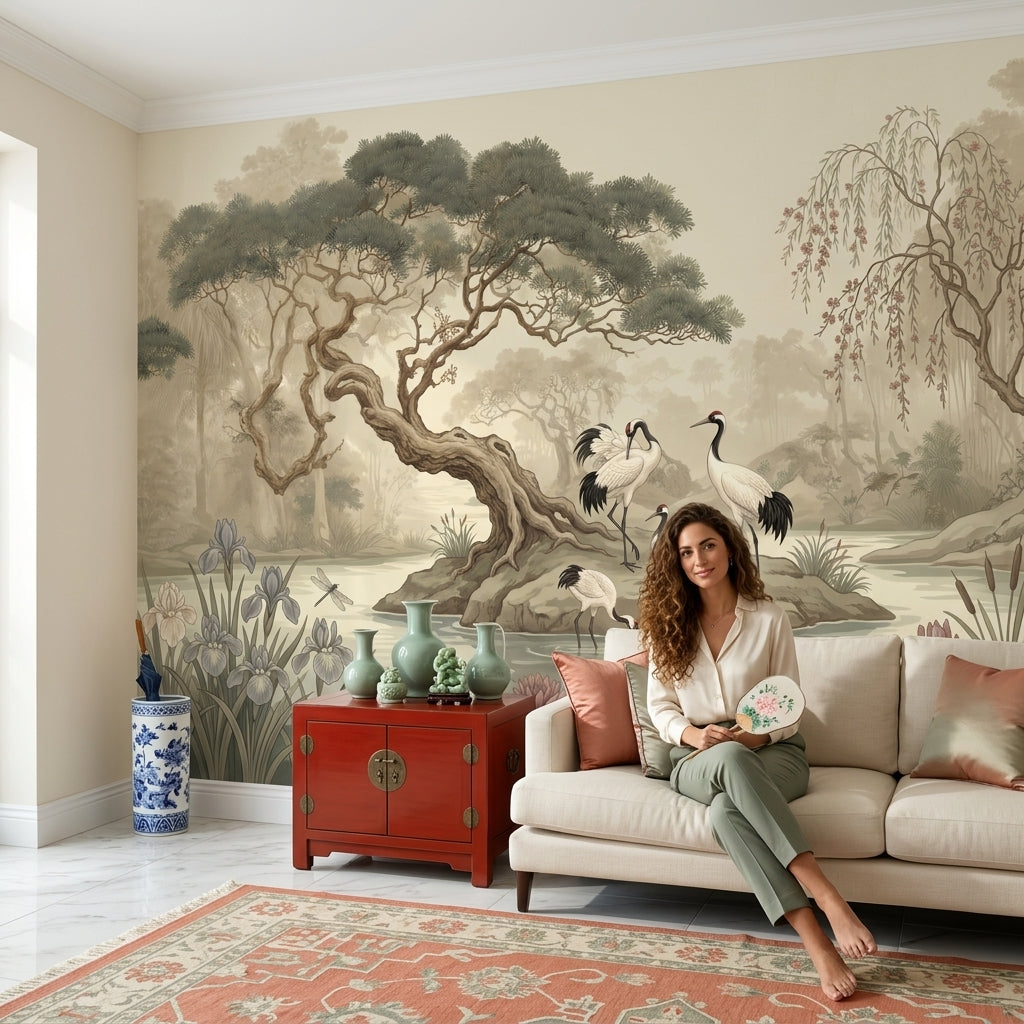 Misty Landscape Wallpaper Cranes Pond Removable Wall Decor