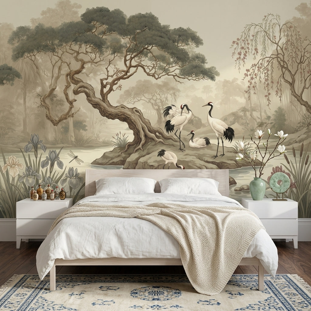 Misty Landscape Wallpaper Cranes Pond Removable Wall Decor