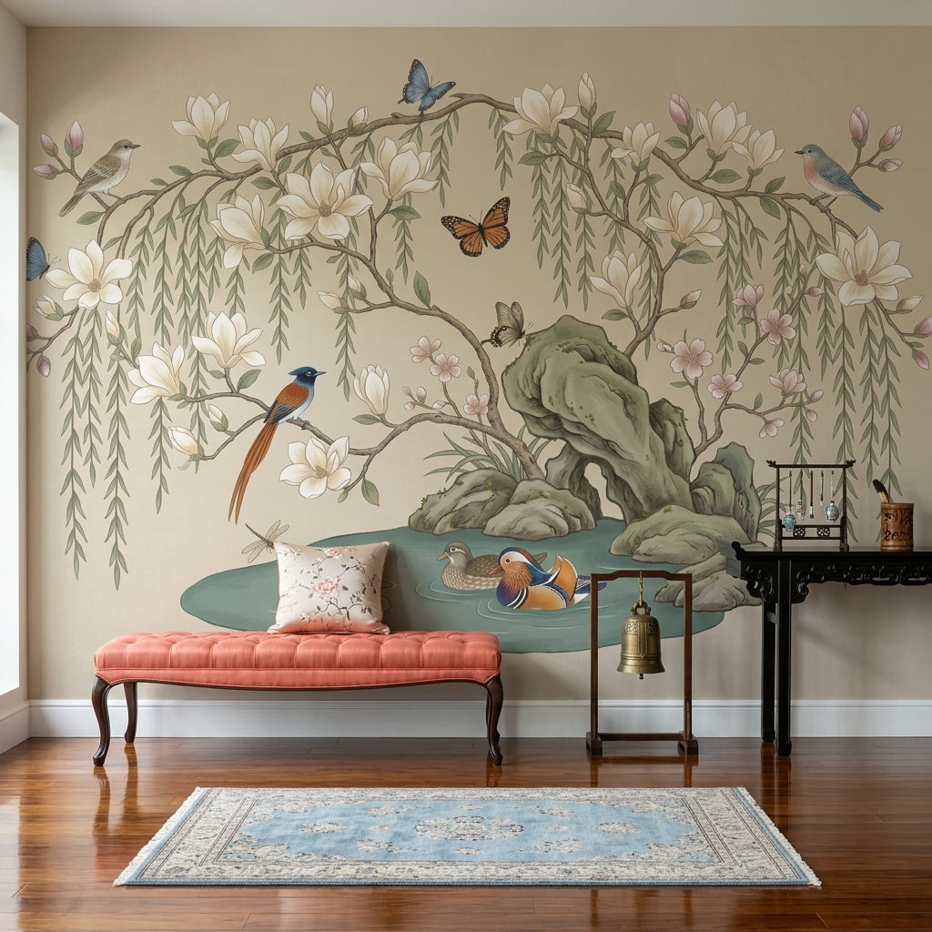 Magnolia Blossoms Wallpaper Birds Pond Wall Mural