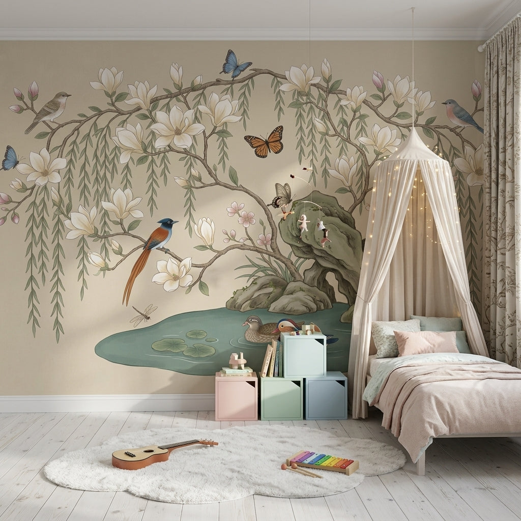 Magnolia Blossoms Wallpaper Birds Pond Wall Mural