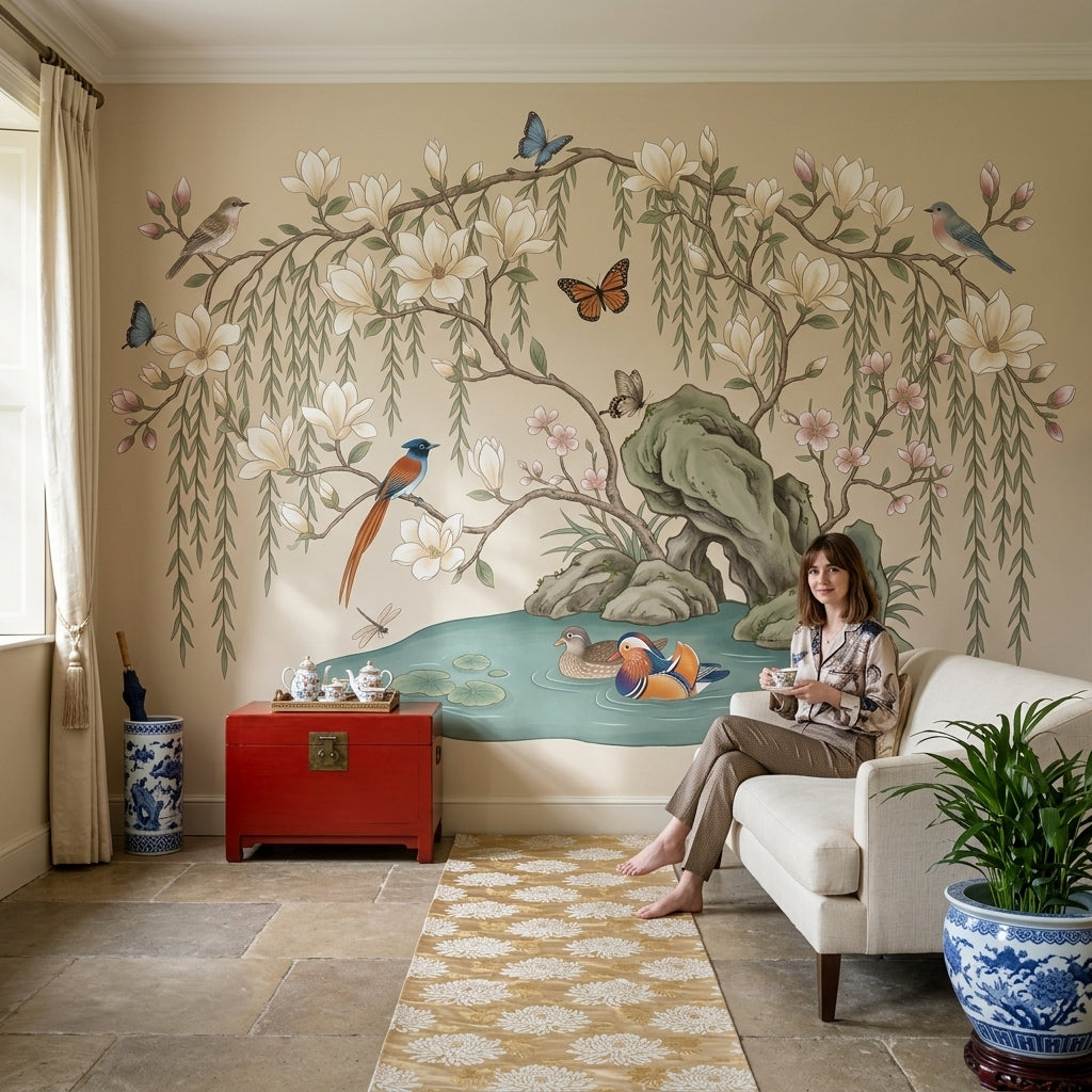 Magnolia Blossoms Wallpaper Birds Pond Wall Mural