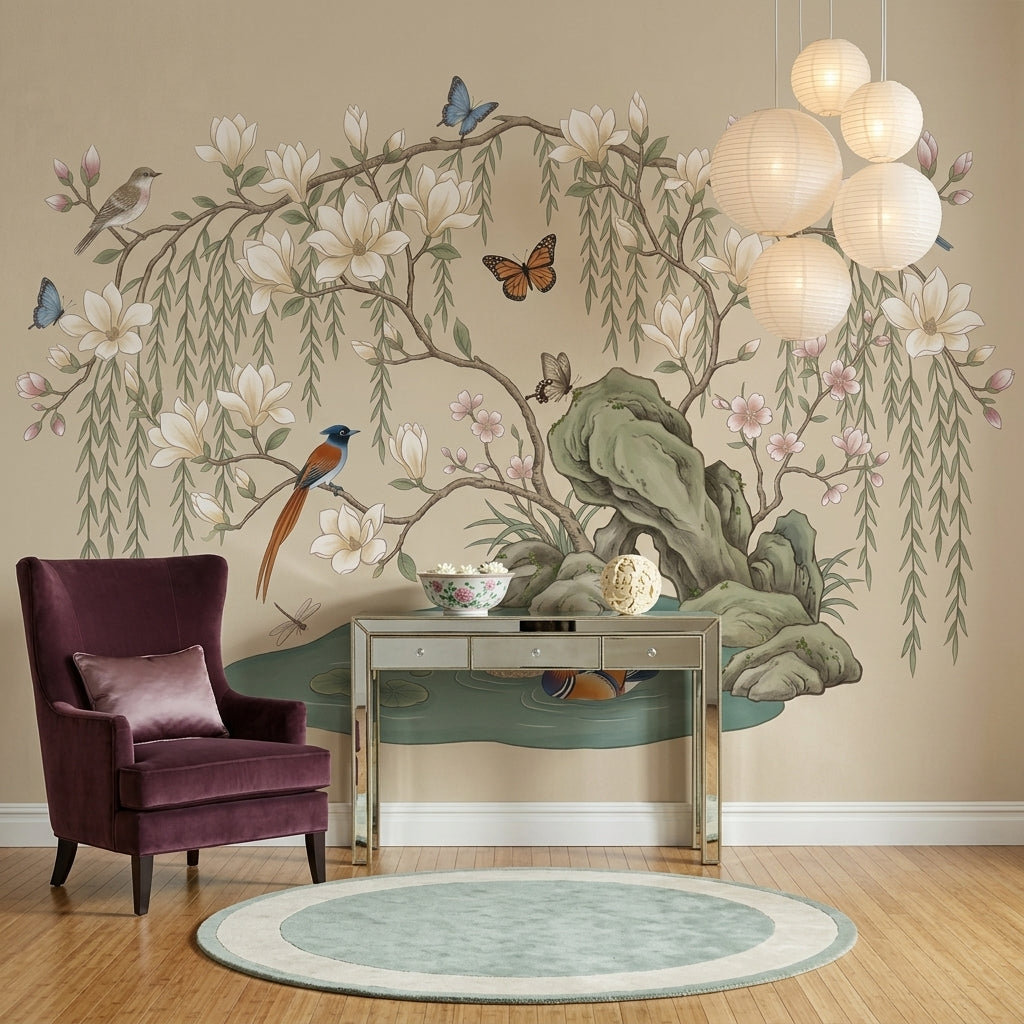 Magnolia Blossoms Wallpaper Birds Pond Wall Mural