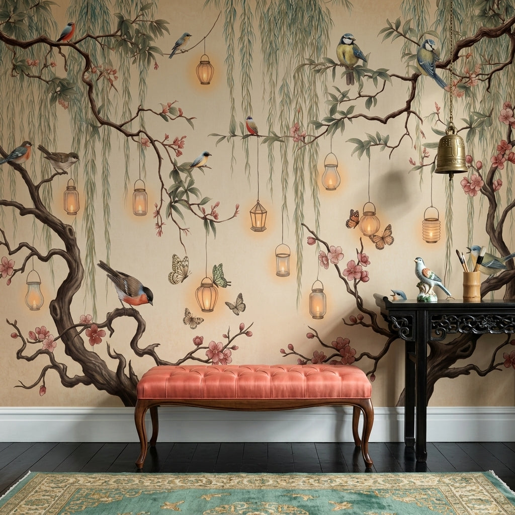 Cherry Blossoms Wallpaper Birds Removable Hanging Lanterns Wall Decor