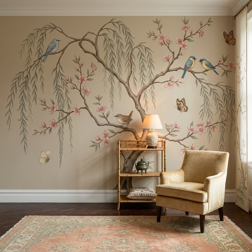 Pink Cherry Wallpaper Golden Birds Removable Wall Decor