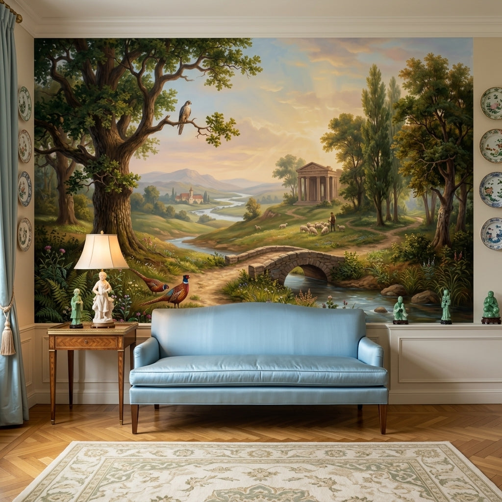 Pastoral Countryside Wallpaper Classical Temple Stone Bridge Wall Mural