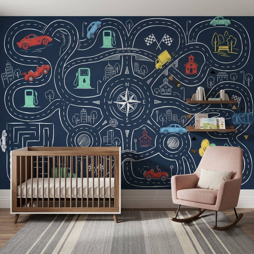 Road Map Wallpaper Chalkboard Removable Race Track Wall Decor