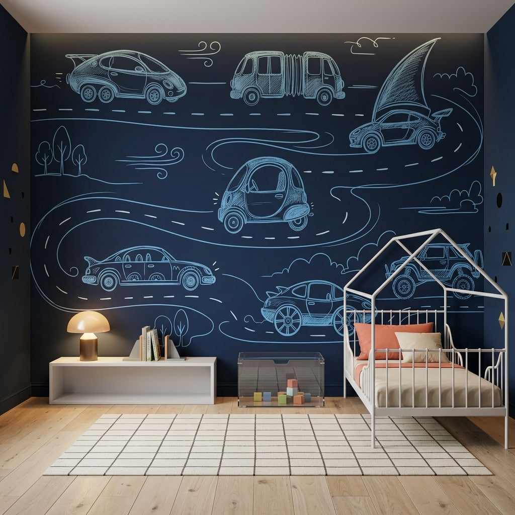 Chalkboard Wallpaper Line Art Cars Removable Wall Decor