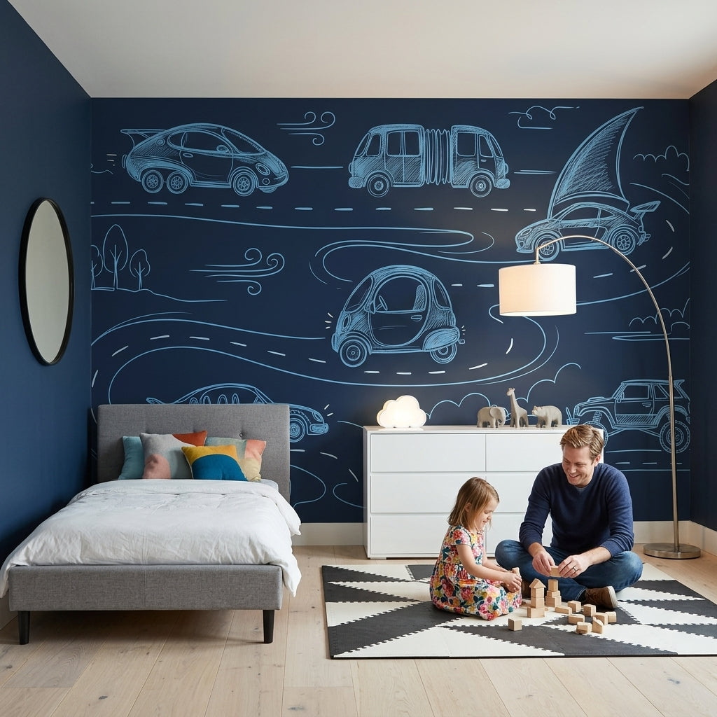 Chalkboard Wallpaper Line Art Cars Removable Wall Decor