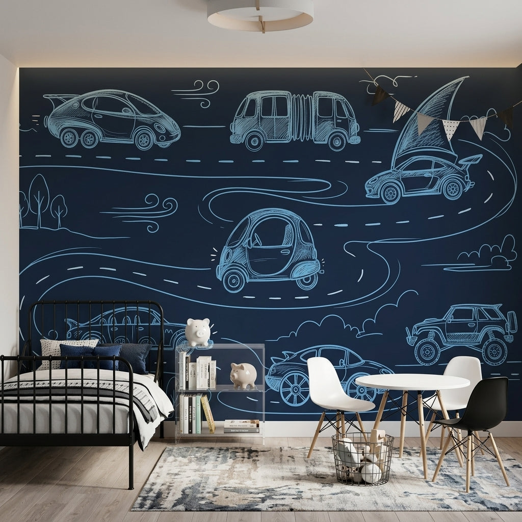 Chalkboard Wallpaper Line Art Cars Removable Wall Decor